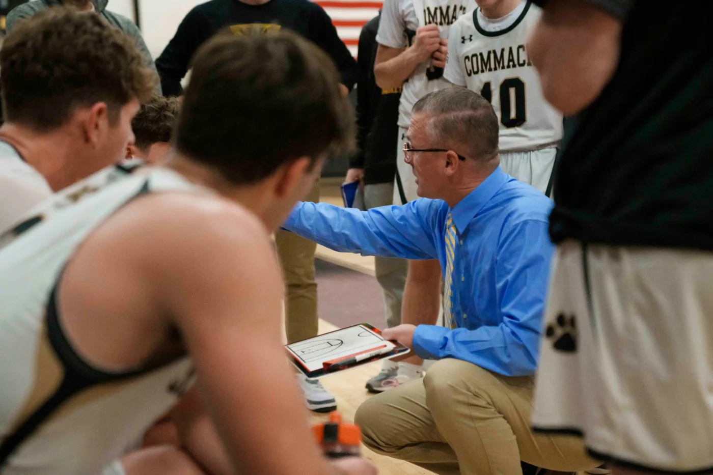 A coach explains strategy during timeout